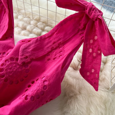 French Vintage Hollow Out Embroidery Butterfly Bow Bandage Slip Dress A-line Chic Casual Beach Vacation Women Summer Dresses