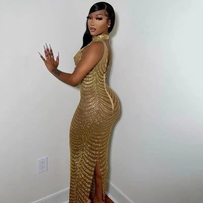 Sexy Sheer Mesh Studded Maxi Dress Women Sheath Backless Party Dress Clubwear
