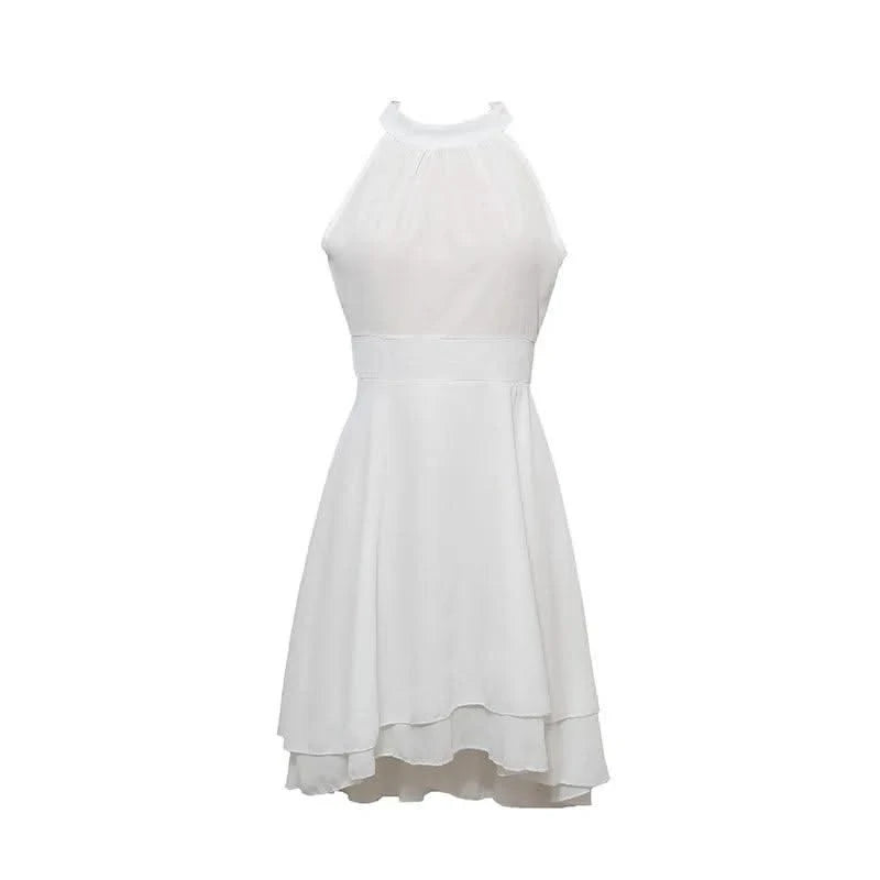 Women Elegant Dress Summer Solid High Waist Halter Sleeveless Midi Dresses Ladies Cropped Layered Chiffon Party Slim Dresses