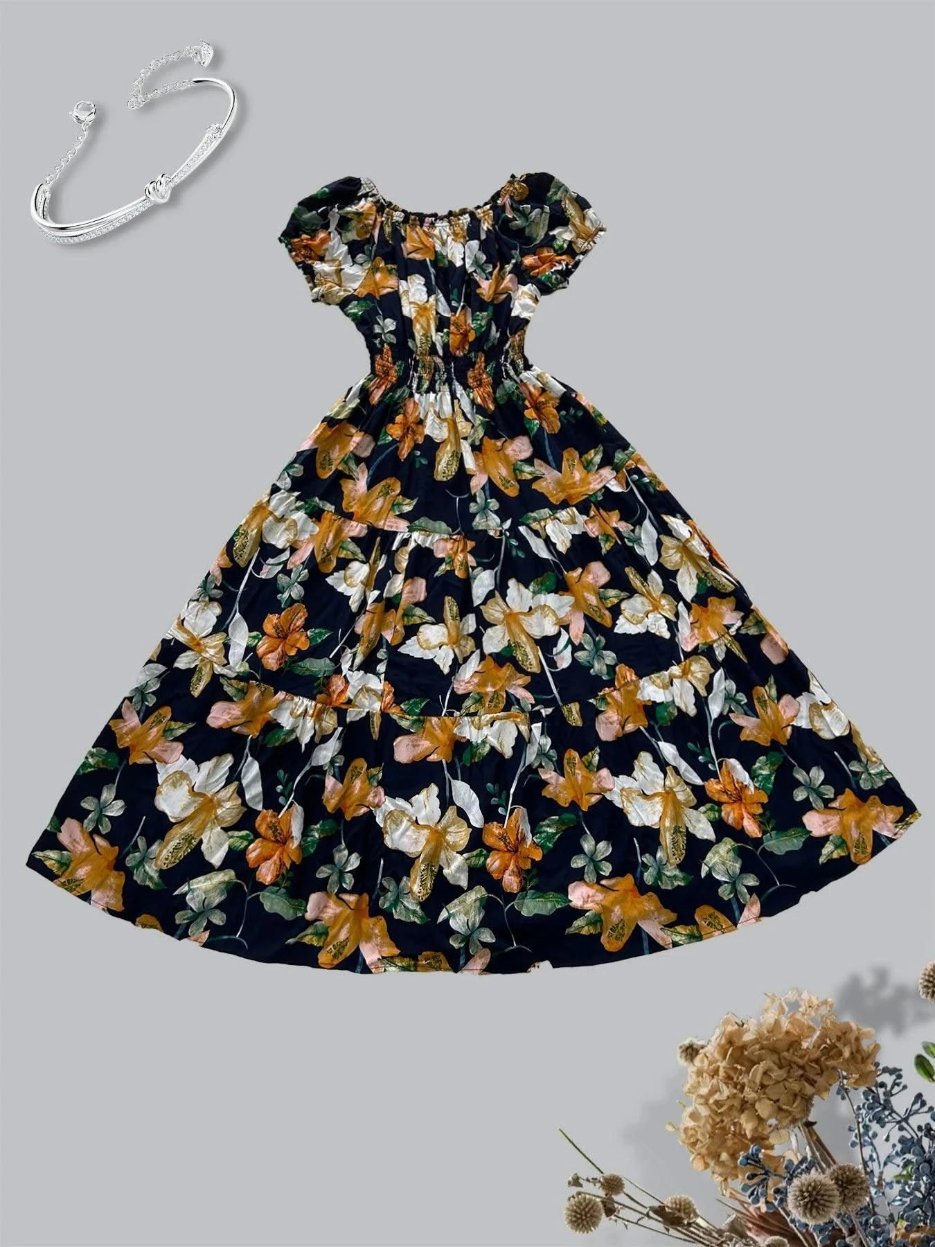 Women's Floral Summer Fashion Women's Print One-line Shoulder Dress Summer Beach Vacation Dress Causul Dress for Women