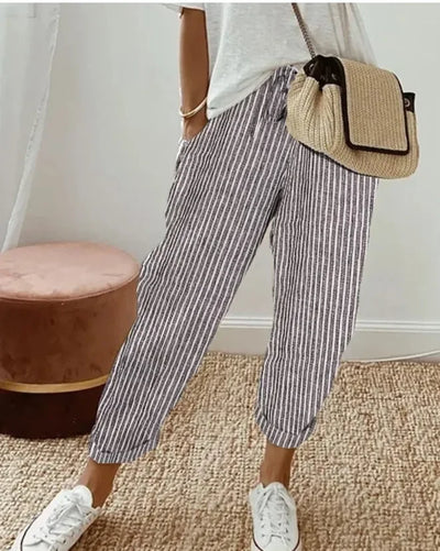2025 New Women's Trousers Stripes Casual Loose Fashion Elastic Waist Pocket Straight Basic Pants