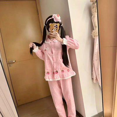 Spring Summer Women's Loungewear Cotton Yarn Pink Polka Dot Long-sleeved Top Fruit Print Sweet Short-sleeved Pajama Suit Female