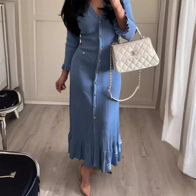 Ruffles Hem Knitted Dress For Women Elegant V Neck Long Sleeve Single Breasted Loose Vestidos Fashion Office Lady Knit Robe