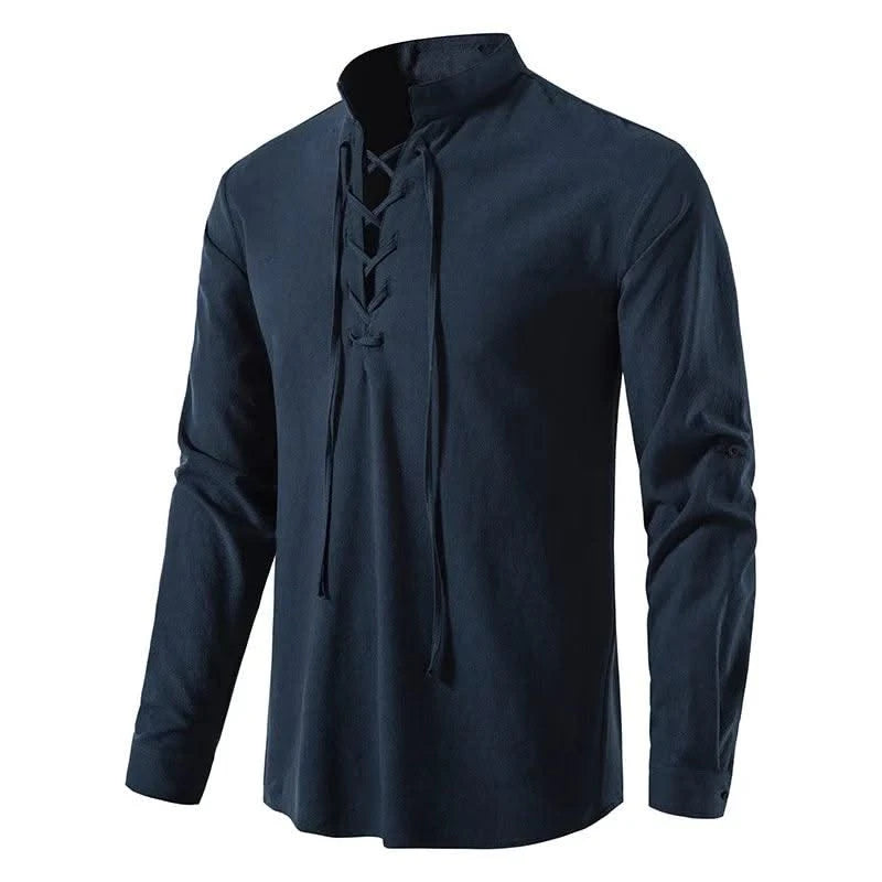 Happyjeffery Mens Cotton Linen Shirt Henry Collar with Drawstring Men Man Long Sleeve Beach Shirts Man Designer Cloth LS51