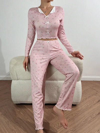 European and American hot-selling loungewear printed trousers long sleeves can be worn outside women's pajamas two-piece set