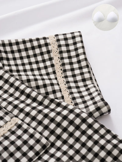 Women's sleepwear 2025 new summer plaid lapel lace lace lace short sleeved shorts can be worn as a two-piece home outfit
