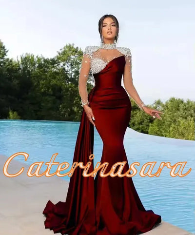 Luxury High Neck Evening Dresses For Women Mermaid Women 2024 Sheer Long Sleeves Wedding Party Prom Gowns  vestidos de noche
