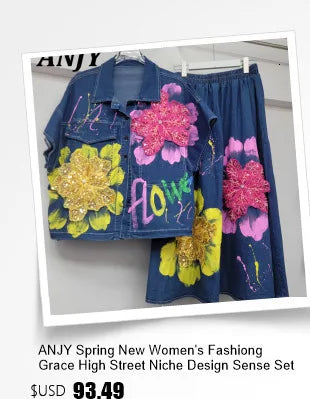 ANJY Autumn New Women Chic Two-Piece Set Studded Diamonds Streetwear Denim Shirt Drawstring Straight Elegant Casual Pants  A9654