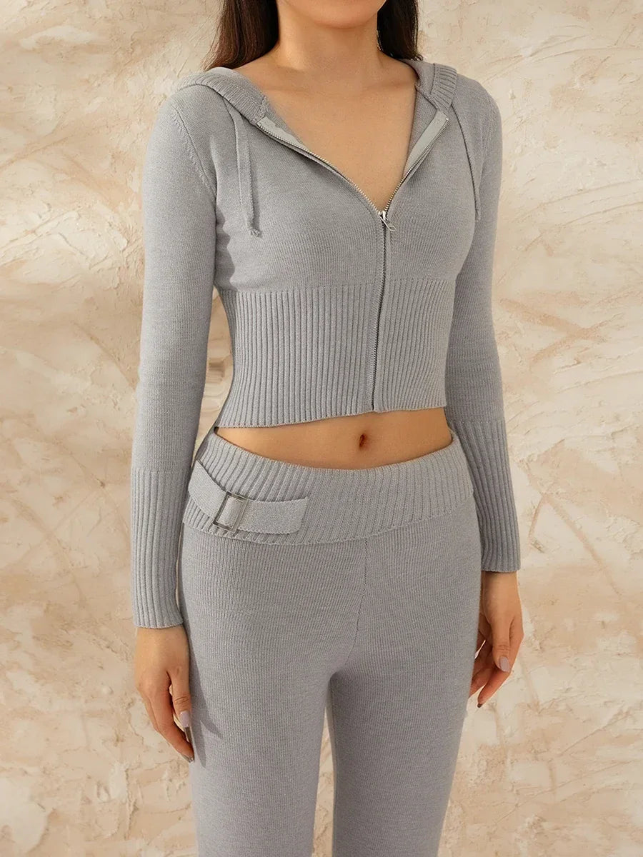 Women Tracksuit  Knit Lounge Set Long Sleeve Zip Up Hoodie with High Waist Wide Leg Pant 2 Piece Sweater Ensemble Casual Set