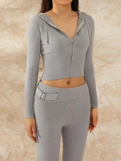 Women Tracksuit  Knit Lounge Set Long Sleeve Zip Up Hoodie with High Waist Wide Leg Pant 2 Piece Sweater Ensemble Casual Set