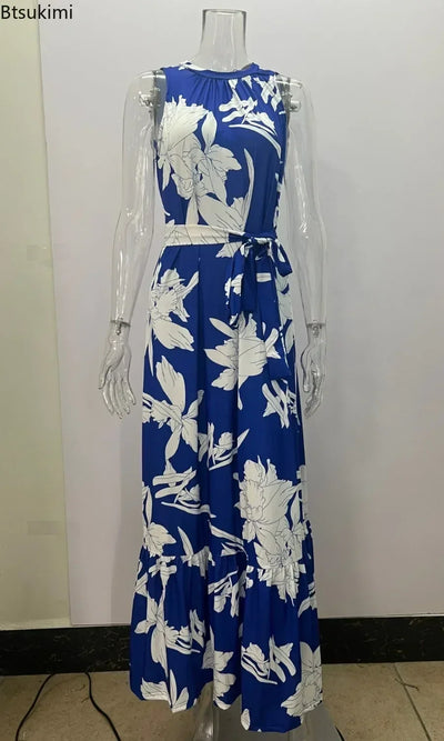 2025 Women's Elegant Floral Print Long Dresses Spring Summer Lace up Print Strap Dress Holiday Beach Female Robe Vesido Mujer