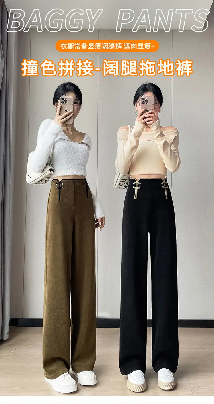 Women's Wide-leg Pants Autumn Winter Trousers New Chinese Style Folding High Waist Drooping Casual
