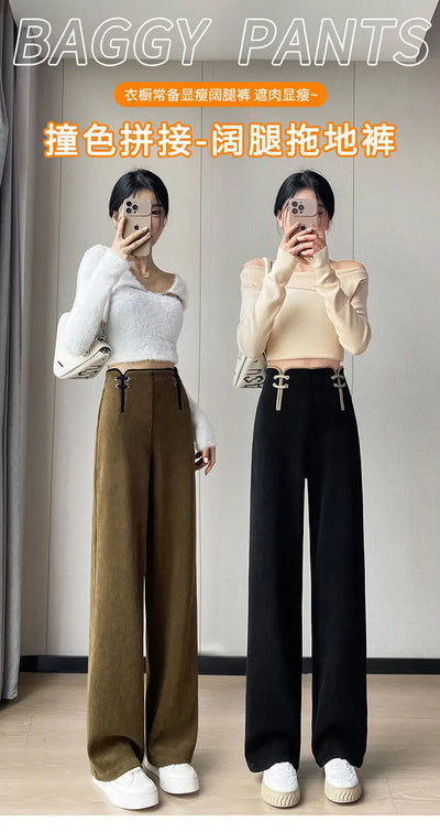 Women's Wide-leg Pants Autumn Winter Trousers New Chinese Style Folding High Waist Drooping Casual