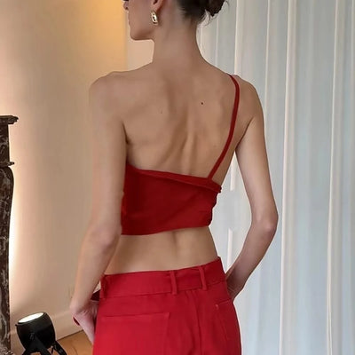 Linen Blend One-Shoulder Women's Vest Y2K Style Peplum Top with Stereoscopic Flower Decoration Elegant Commuter Wear for Summer