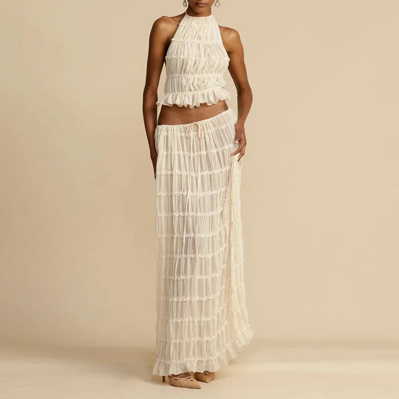 2025 Women Summer Loungewear Suits, Halter Short Top Maxi Skirts 2PCS Matching Sets, White Color Fashion Backless Ladies Outfit