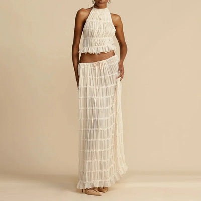 2025 Women Summer Loungewear Suits, Halter Short Top Maxi Skirts 2PCS Matching Sets, White Color Fashion Backless Ladies Outfit
