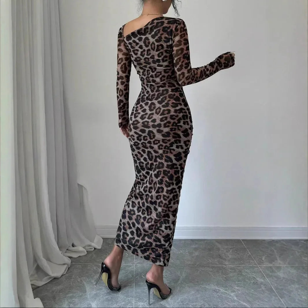 Sexy Leopard Print Women's Dresses Fashion Ruffled Sexy Slit Party Dress For Women Spring Summer  Bodycon Package hip Vestidos