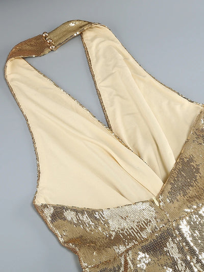 Women's Sleeveless Gold Sequin Jumpsuit Sexy V Neck Sparkle Sequined High Waist Wide Leg Pants Jumpsuit Celebrity Evening Party