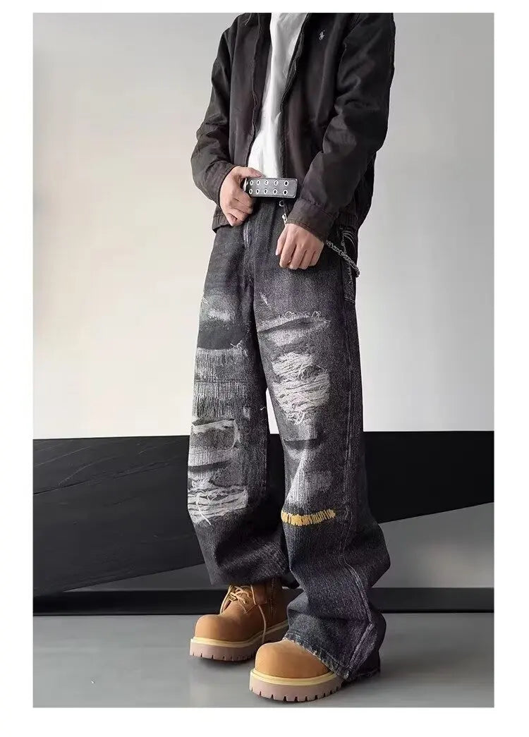 High Street Men's Jeans Trendy Printed Pattern Washed Worn-out Straight Leg Jeans American Style Male Denim Pants Black Jeans
