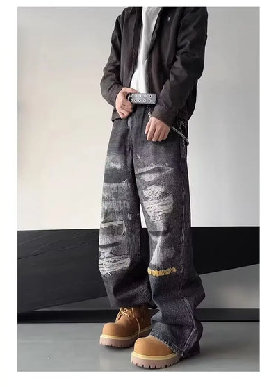 High Street Men's Jeans Trendy Printed Pattern Washed Worn-out Straight Leg Jeans American Style Male Denim Pants Black Jeans