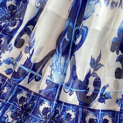 Women Clothing O Neck Flare Sleeve Large Swing Maxi Dress New Summer Bohemian Blue And White Porcelain Print Chiffon Vestidos