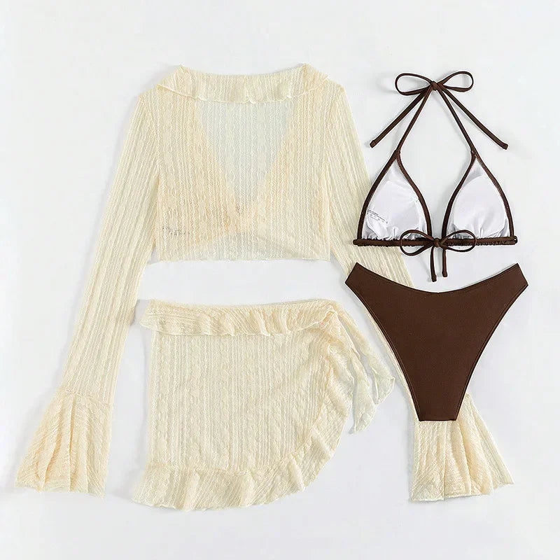 2025 Sexy Four-piece Women Swimsuit Long-sleeve Cover-up Swimwear Summer Solid Bikini Set Brazilian Beachwear Party bathing suit