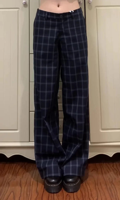 Women Plaid Long Trousers Straight Pants Y2K Streetwear Japanese Harajuku Grunge 2000s Korean Fashion Long Trousers Pantalones