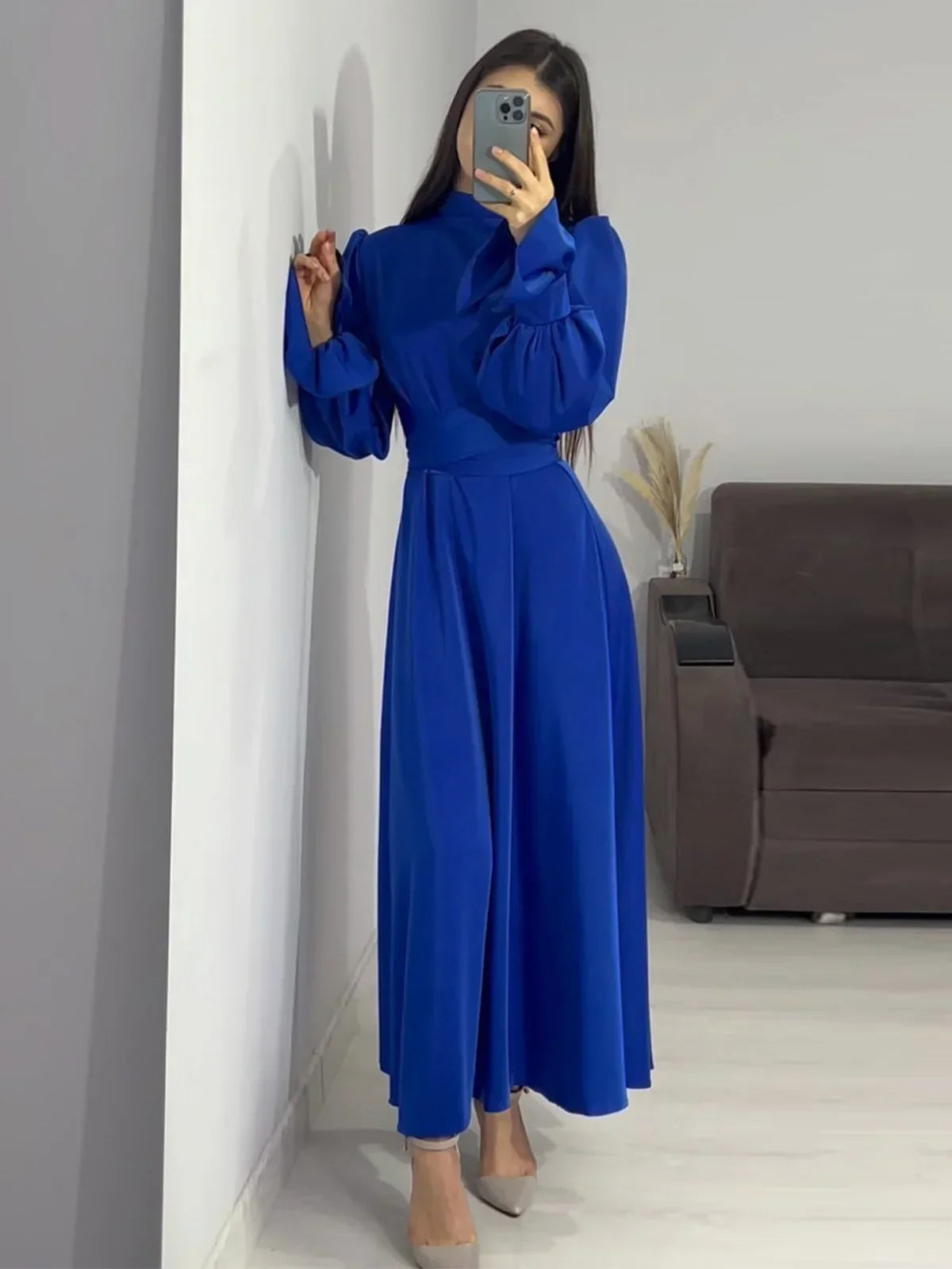 Lotus Sleeve Dress for Women Casual Slim-fit Dress with Belted Waist Abaya Dubai Luxury Turkey Islam Muslim Dress Women Kaftan