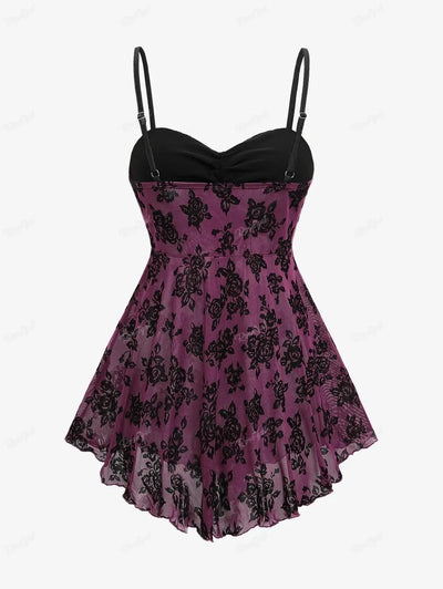ROSEGAL Plus Size Gothic Camis Top for Women, Floral Mesh, Flocking Bowknot, Tied Asymmetric Top, Adjustable Shoulder Strap Vest