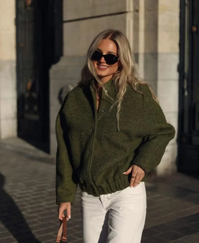 Woman's Oversized Bomber Jacket Autumn New Round Neck Long Sleeve Pocket Hidden Button Loose Jackets Coat Female Outerwear