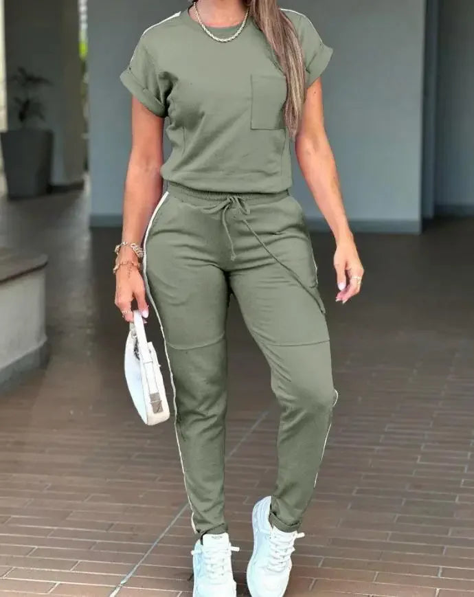 Women's Sports Suits 2025 Spring Summer 2 Pieces Outfit Contrast Paneled Round Neck Short Sleeve Top Pocket Drawstring Pants Set