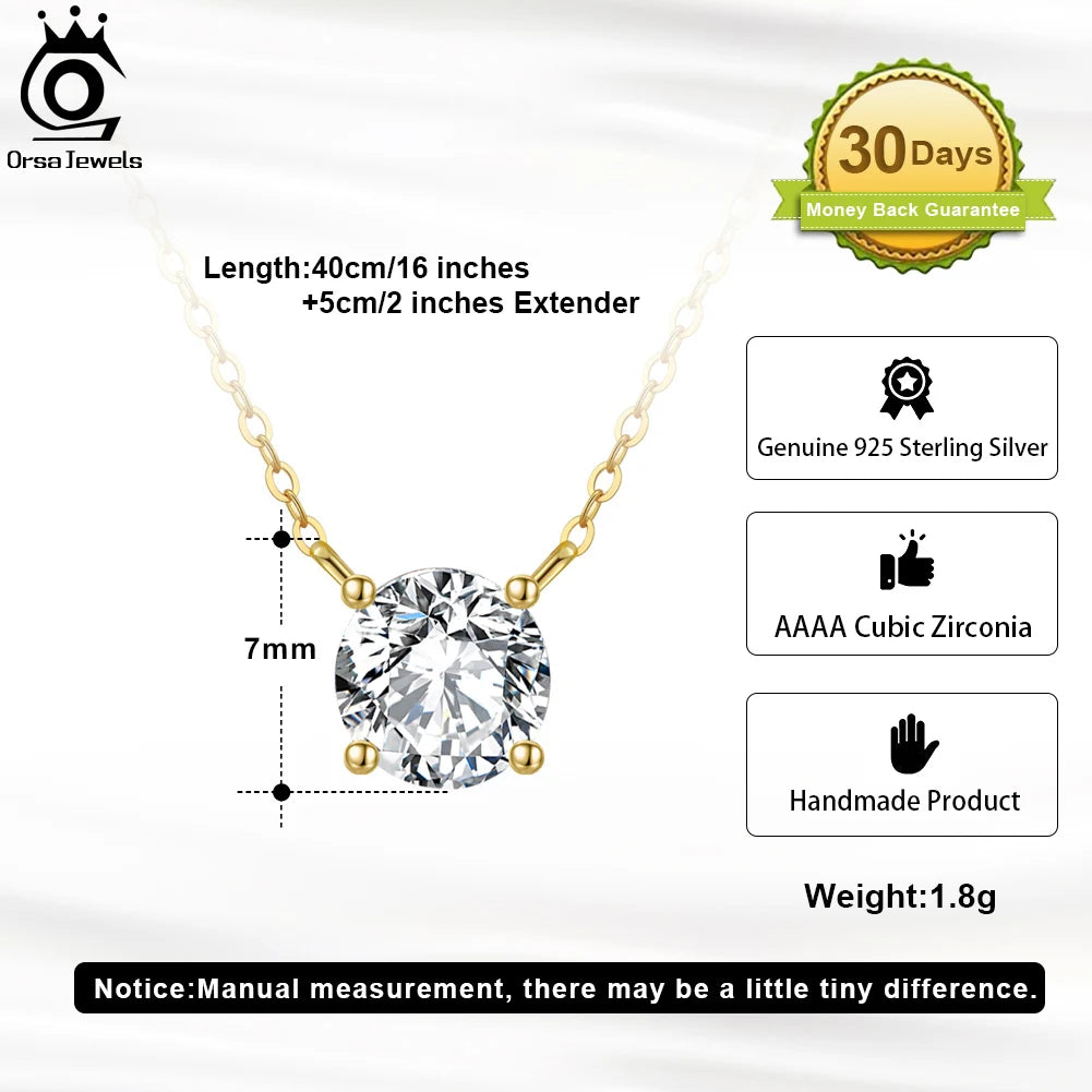 ORSA JEWELS 925 Sterling Silver Dainty Necklace for Women 14K Gold Plated Round Brilliant Cut Solitaire Pendant Necklace APN13