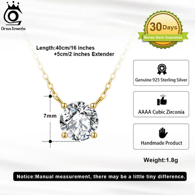 ORSA JEWELS 925 Sterling Silver Dainty Necklace for Women 14K Gold Plated Round Brilliant Cut Solitaire Pendant Necklace APN13