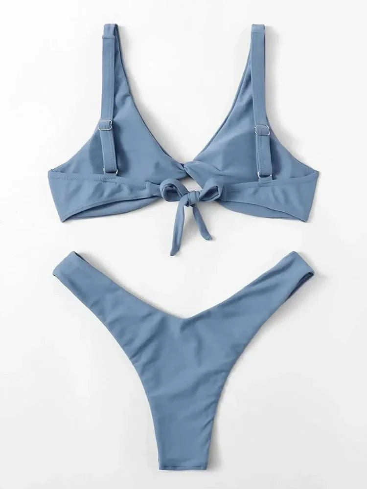 OIINAA Bathing Suit Women Solid Sexy Swimsuit Bow Tie Drawstring Lace Up Summer Bikini Set Two-pieces Beachwear Thong Biquinis