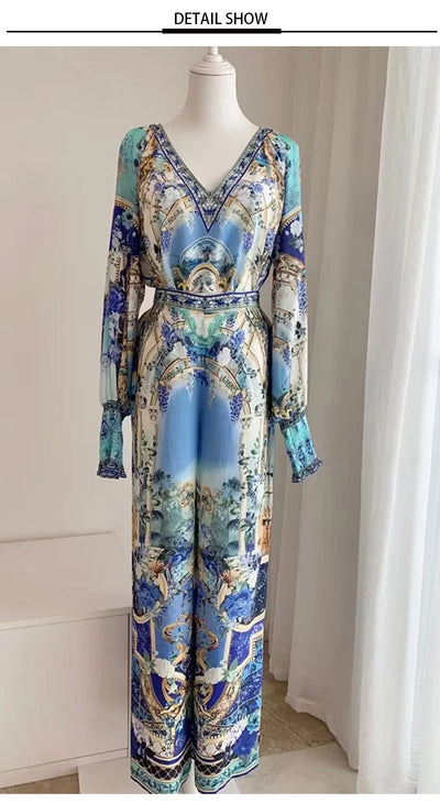 Retro women's V-neck beaded print long-sleeved Joker coat Spring and Autumn new two-piece suit+high-waist wide-leg trousers suit