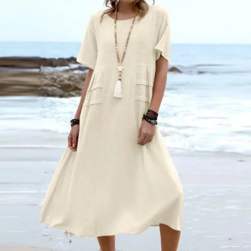 2025 Summer Fashion New Women's Elegant Long Cotton and Hemp Dress Round Neck Vacation Short Sleeve Medium Long Dress