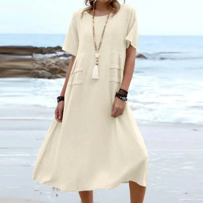 2025 Summer Fashion New Women's Elegant Long Cotton and Hemp Dress Round Neck Vacation Short Sleeve Medium Long Dress