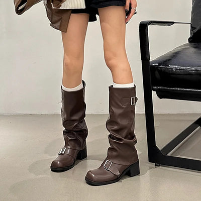 Woman Boots Knee High Platform Chunky Heels Trend Punk Gothic New Rock Leather Fashion Women's Shoes Motorcycle Footwear