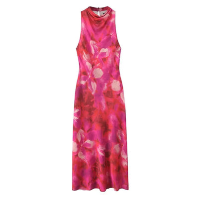 Women Printed Satin Midi Dress Spring Caual Women Back Button Sleeveless Dress Elegant Silk texture Female Chic Dress