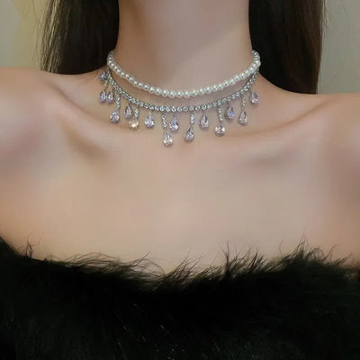 Luxury Rhinestone Crystal Chokers Necklaces For Women Multilayer Imitation Pearl Chain Necklace For Party Wedding Jewelry