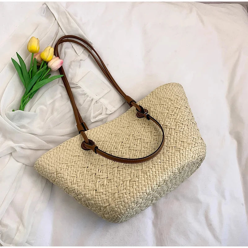 Designer Bohemian Chic Shoulder Bag,Solid Color Large Capacity Straw Woven Tote Bag,Nature-Inspired Beach Vacation Women Handbag