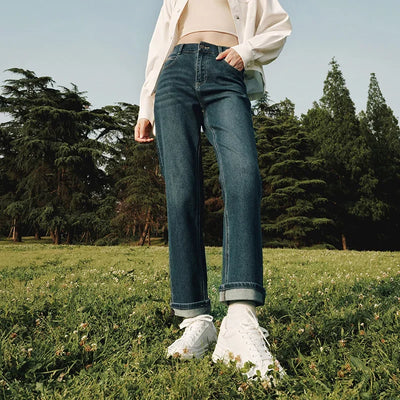 Semir 2023 Women Jeans Autumn New Rolled-edge Straight-leg Pants Slimming Trousers for Women