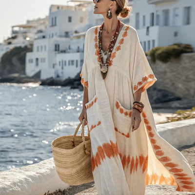 Summer For Women Elegant Bohemian Dress Fashion V -Neck Short Sleeves Long Dresses New Casual Vacation Pockets Loose Party Dress