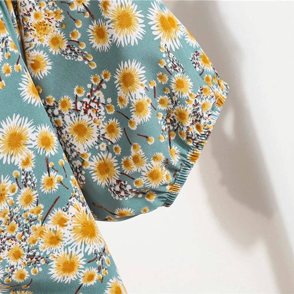Women Mini Dresses Summer Fashion Female Vestidos Print Floral Chiffon Dresses Shirring Pleated Short Puffy Sleeve Casual Dress