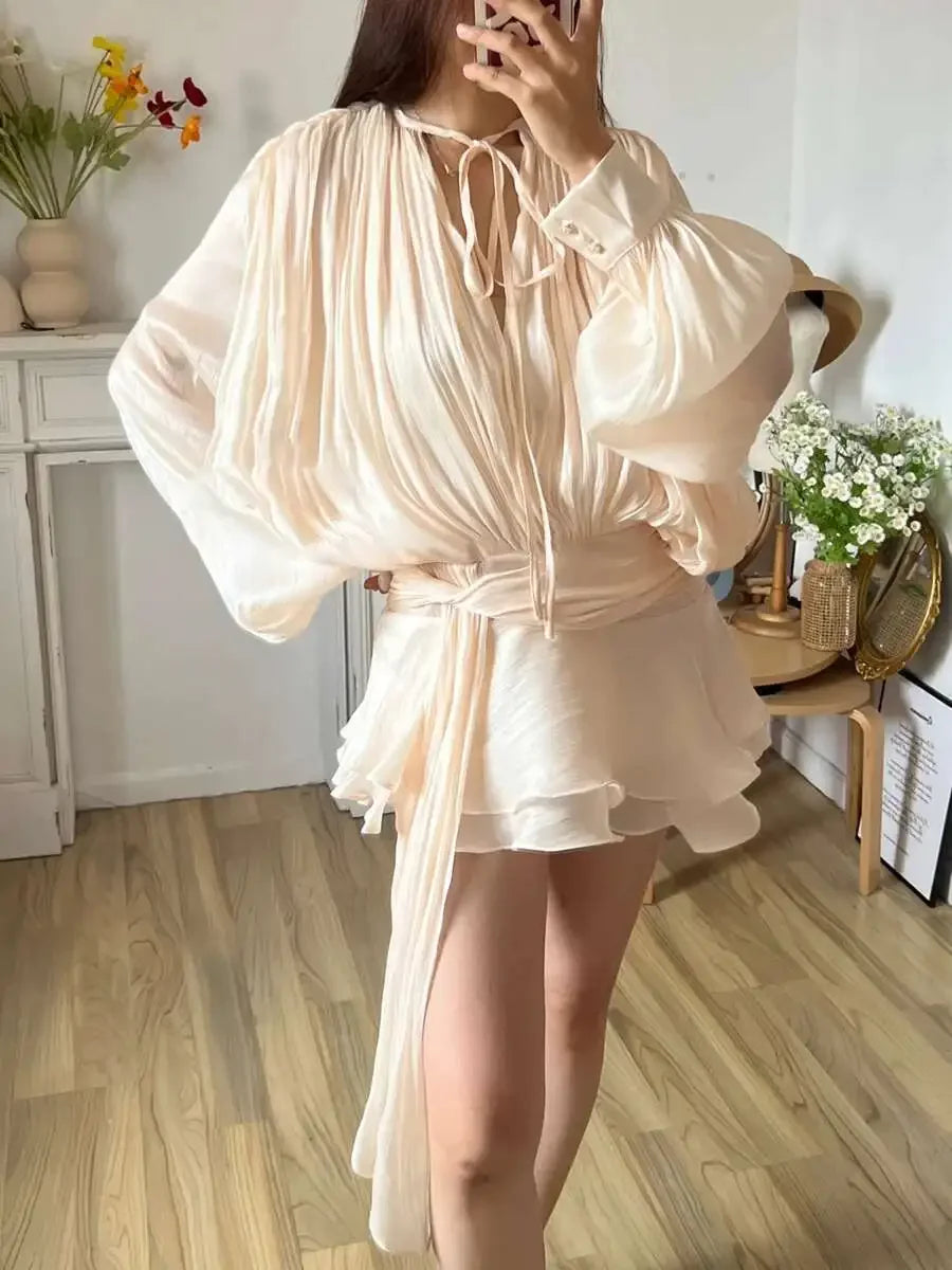 TWOTWINSTYLE Solid Blouse Mini Dresses For Women V Neck Long Sleeve Spliced Lace Up Sweet Style Dress Female Clothing Fashion