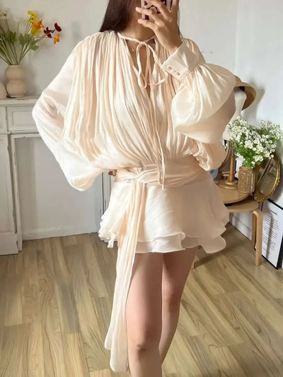 TWOTWINSTYLE Solid Blouse Mini Dresses For Women V Neck Long Sleeve Spliced Lace Up Sweet Style Dress Female Clothing Fashion