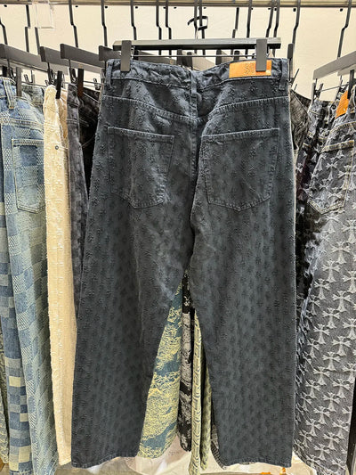 European Designer Jeans Men Ripped Holes Washed Baggy Pants New Fall Straight Fit Wide Leg Bottoms