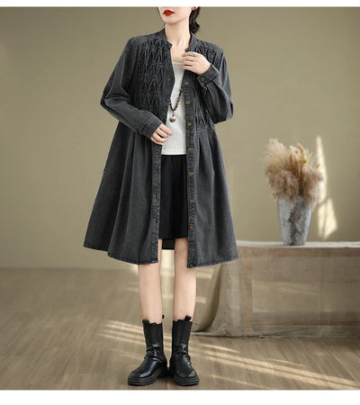 Denim Oversized Autumn Winter Long Sleeve Coat Women Ruffle Fashion Loose Pleated Ladies Jackets Retro Woman Jackets Coats
