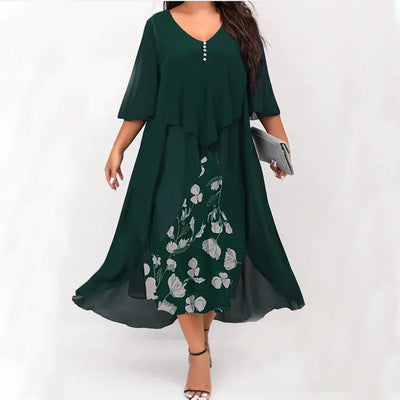 Summer Plus Size Dresses For Women New Casual Patchwork Flower Print Long Sleeve Dress Retro Elegant Female Dresses