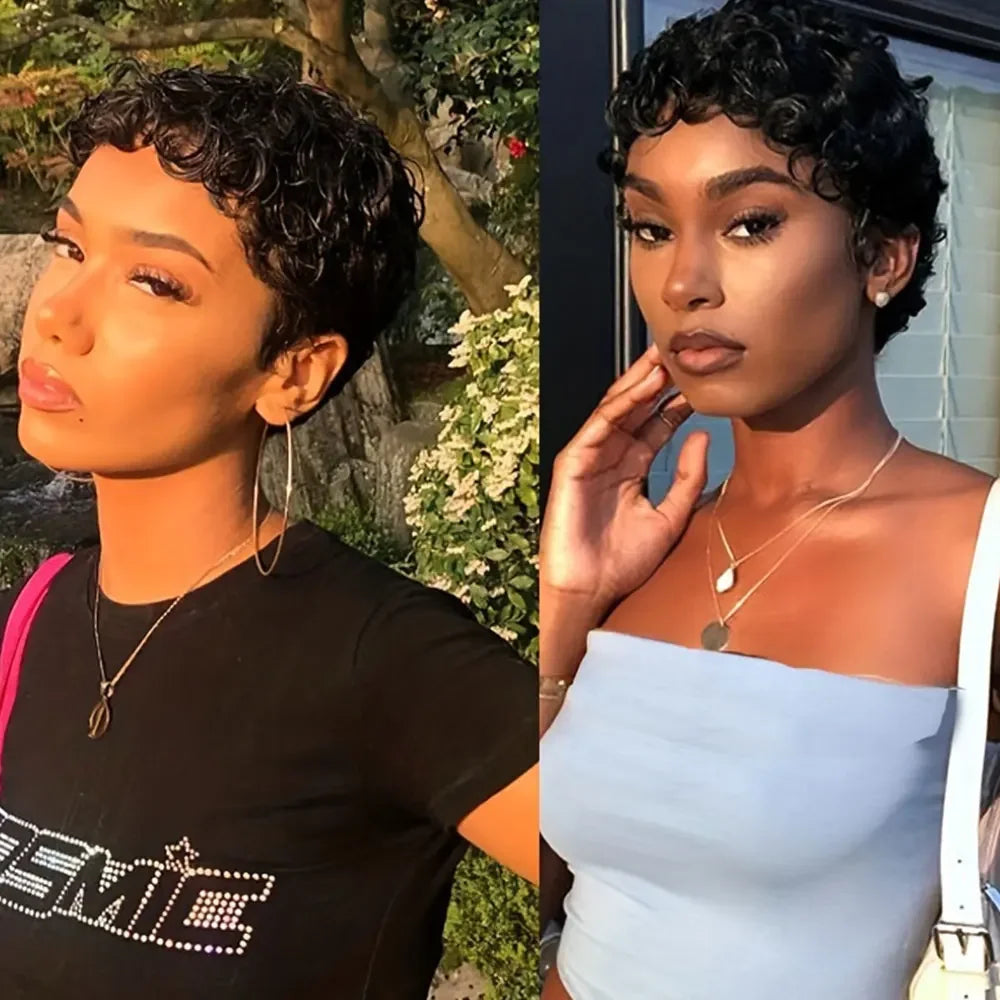 LD Curly Wigs Human Hair Short Curly Human Hair Wig for Women Natural Black Pixie Cut Wigs for Black Women Machine Made Wig